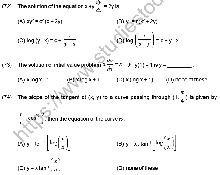 JEE Mathematics Differential Equations MCQs Set B, Multiple Choice